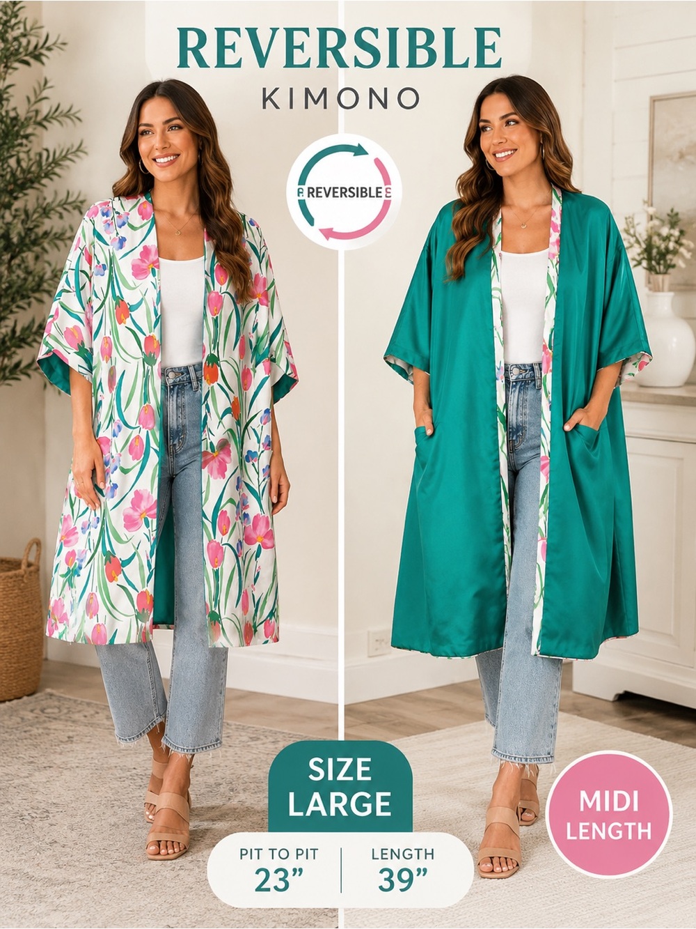NWT Patchington Reversible Loungewear Robe Kimono - Floral & Solid Teal - Large